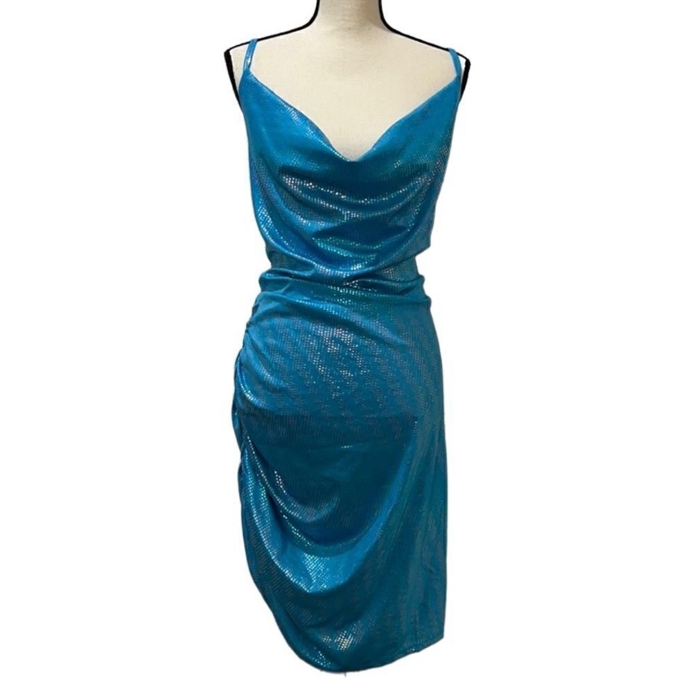 FTF Crowl Neck Ruched Iridescent Asymmetrical Dress